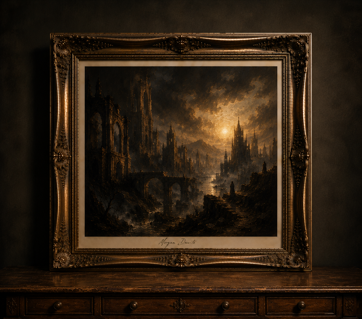 Antique framed painting of a gothic ruin