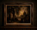 Antique frame with mystical landscape painting