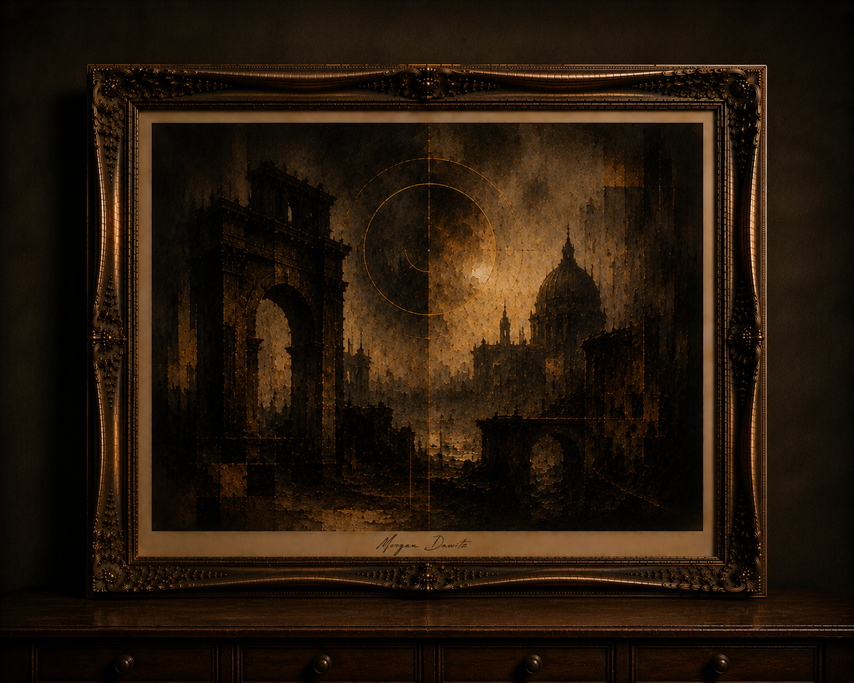 Antique frame with mystical landscape painting