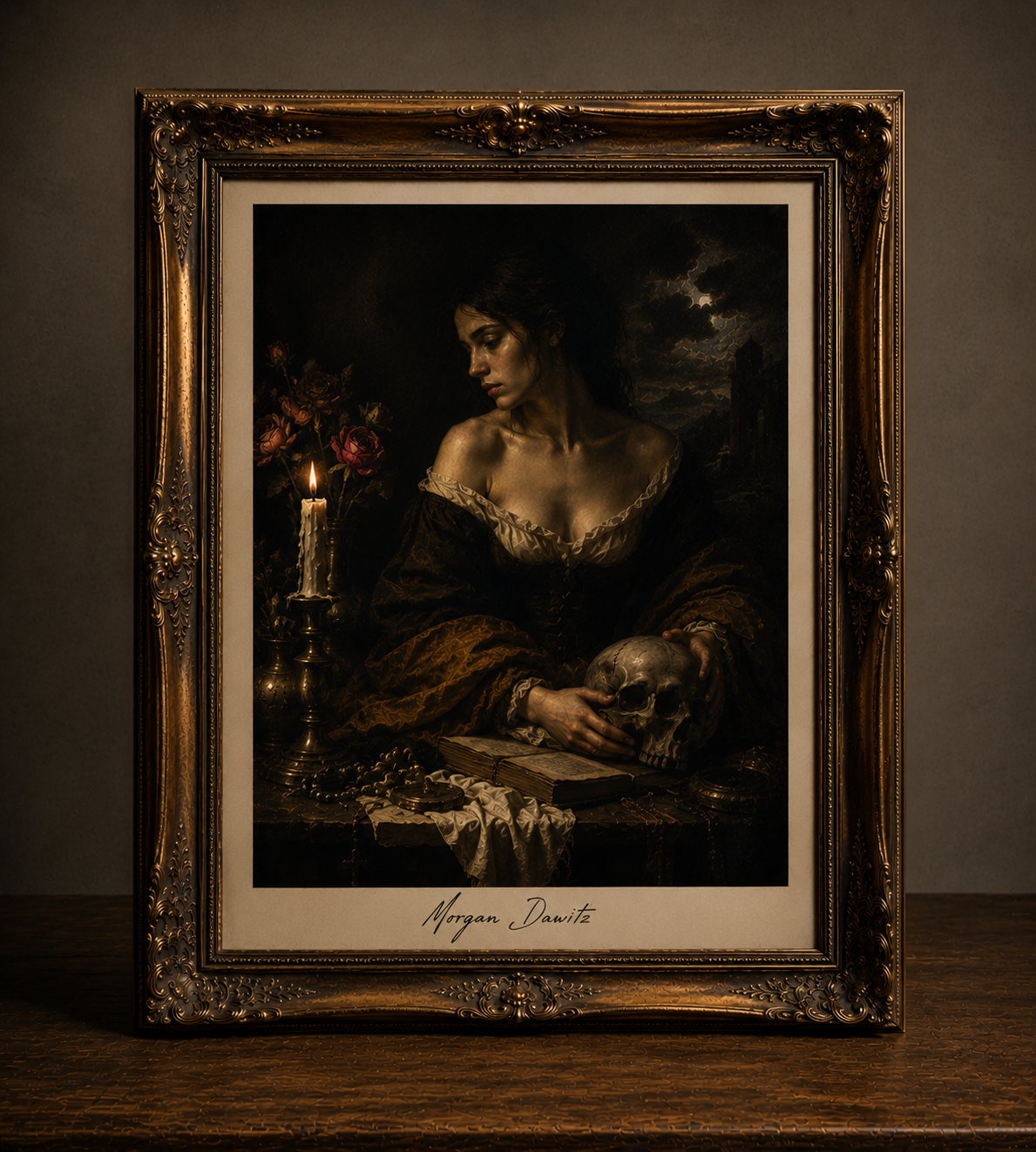 Antique still life with somber portrait