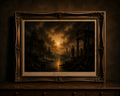 Baroque still life with dramatic landscape