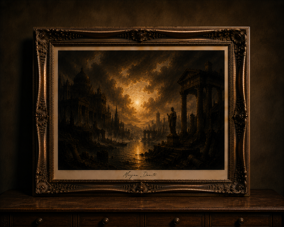 Baroque still life with dramatic landscape