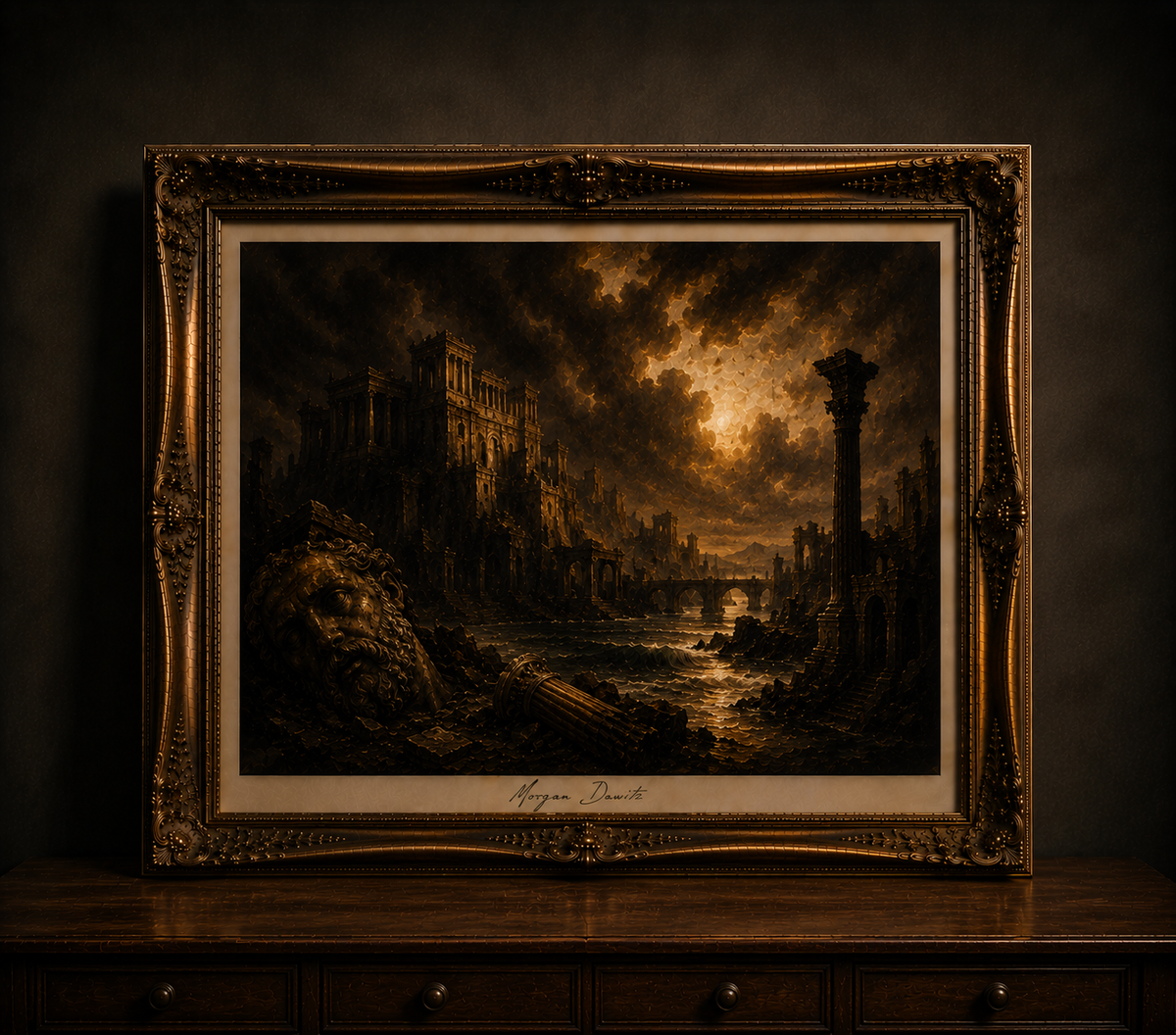 Gilded frame with stormy ruin painting