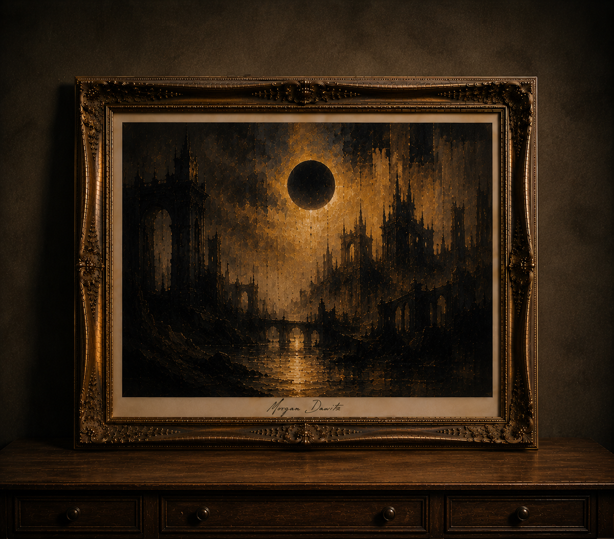 Gothic ruins framed in gold
