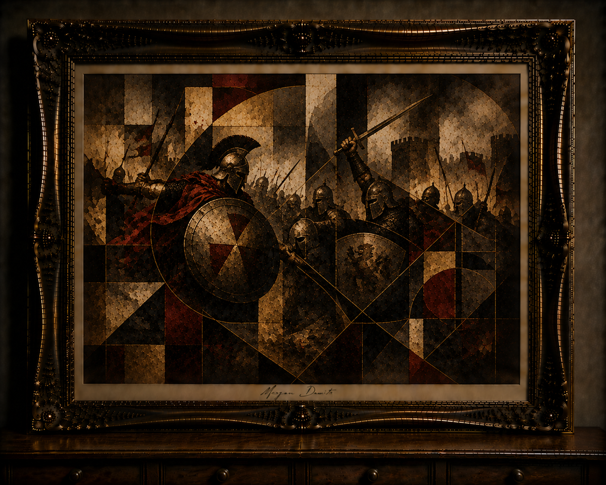 Medieval Battle in Ornate Gilded Frame