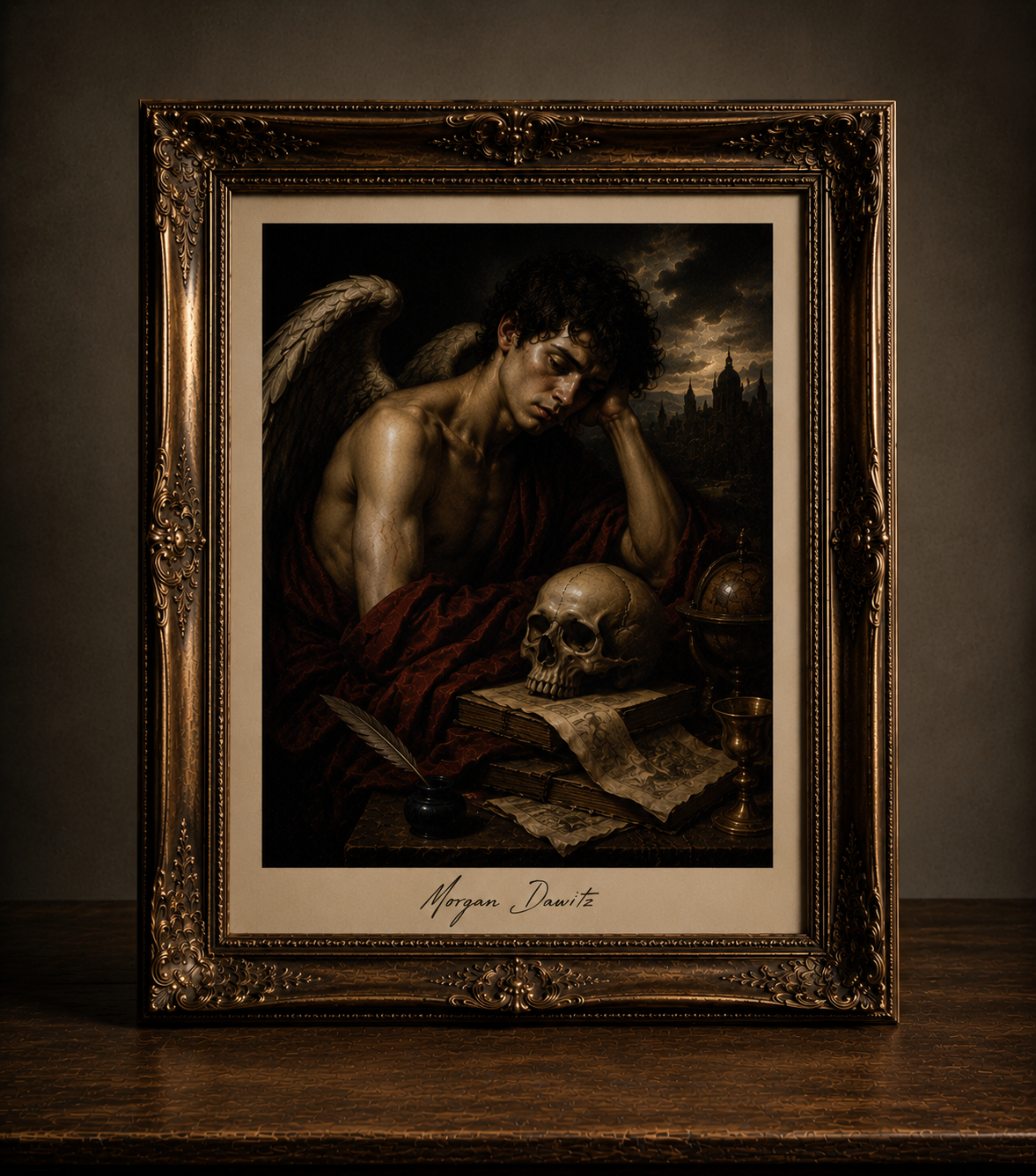 Mournful angel with vanitas symbols