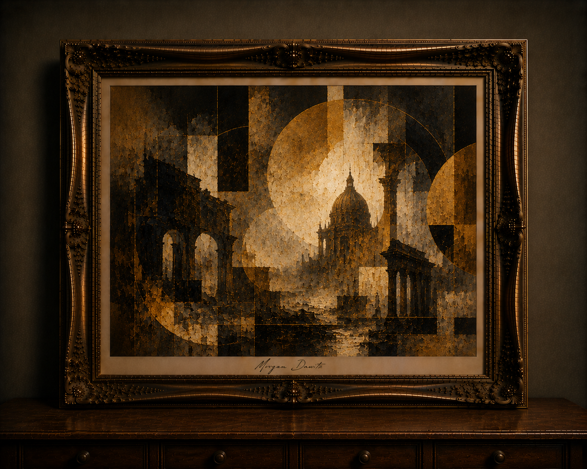Ornate frame around abstract architectural artwork