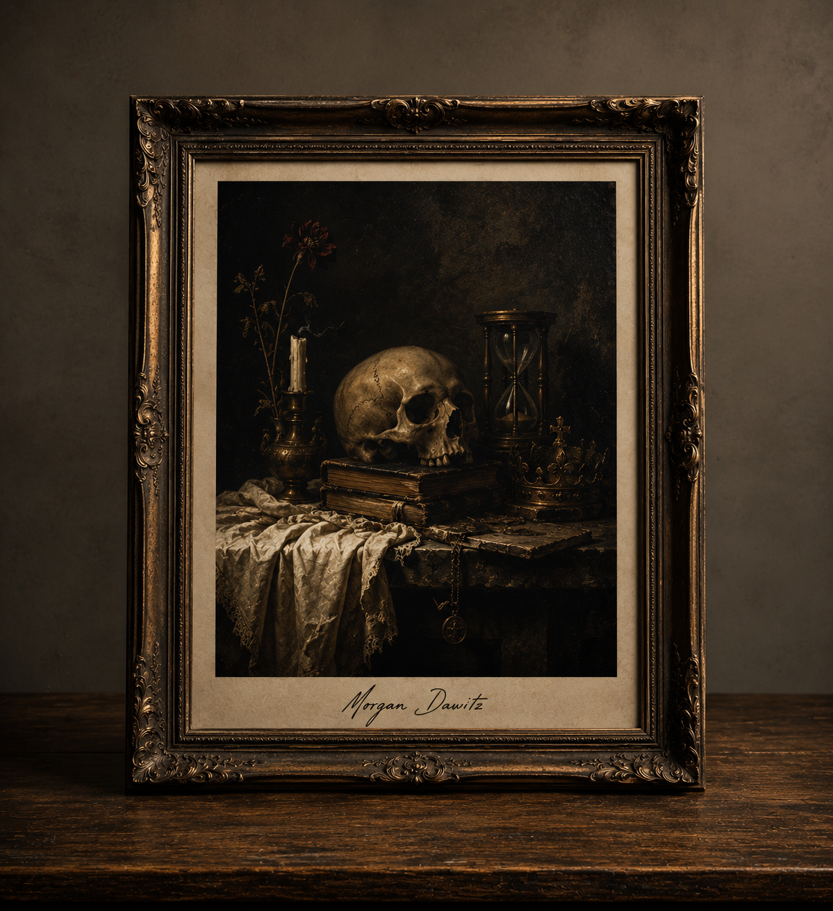 Vanitas still life on wooden table
